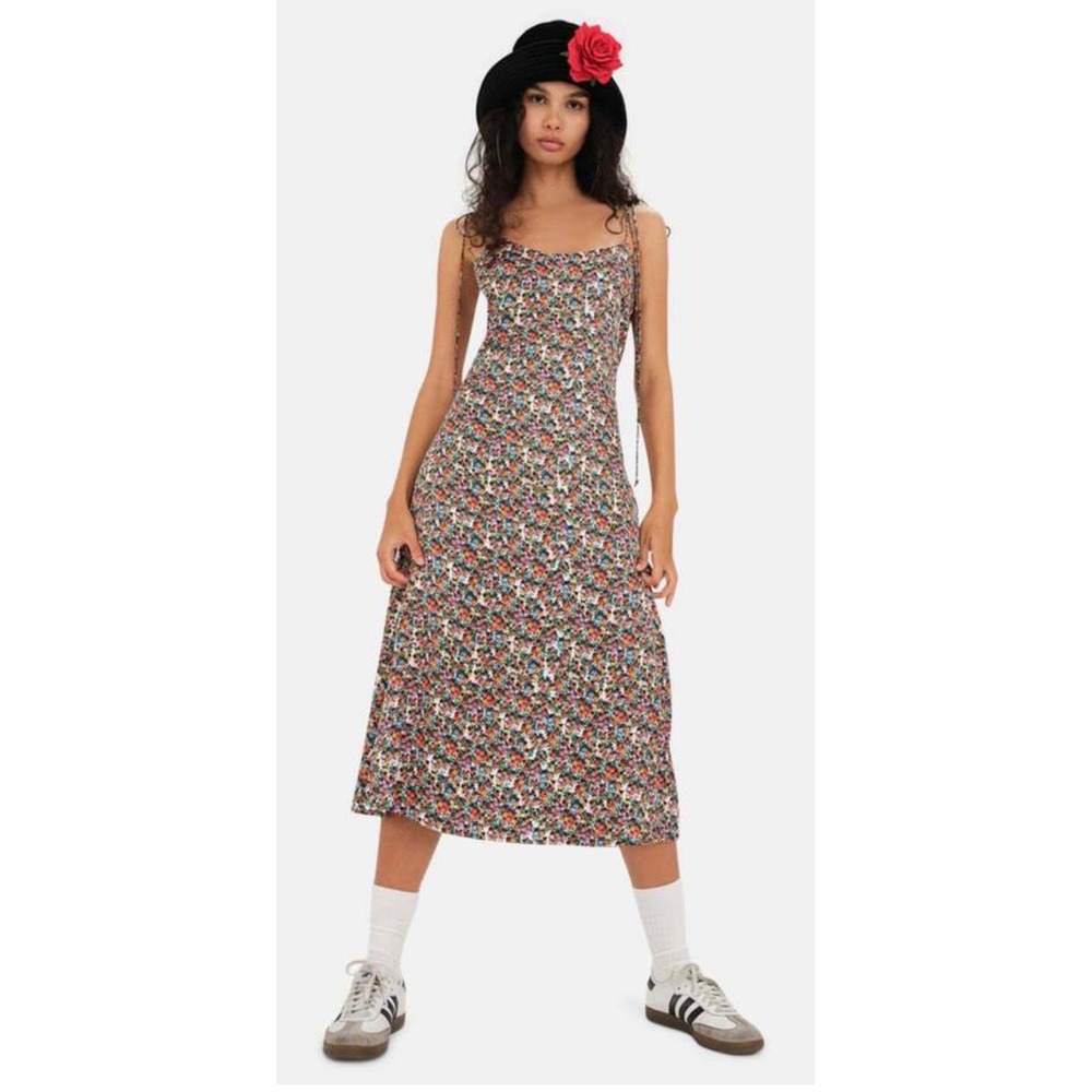 For Love & Lemons Floral Midi Dress Low Back Tie Shoulder Multi Color Sleeveless